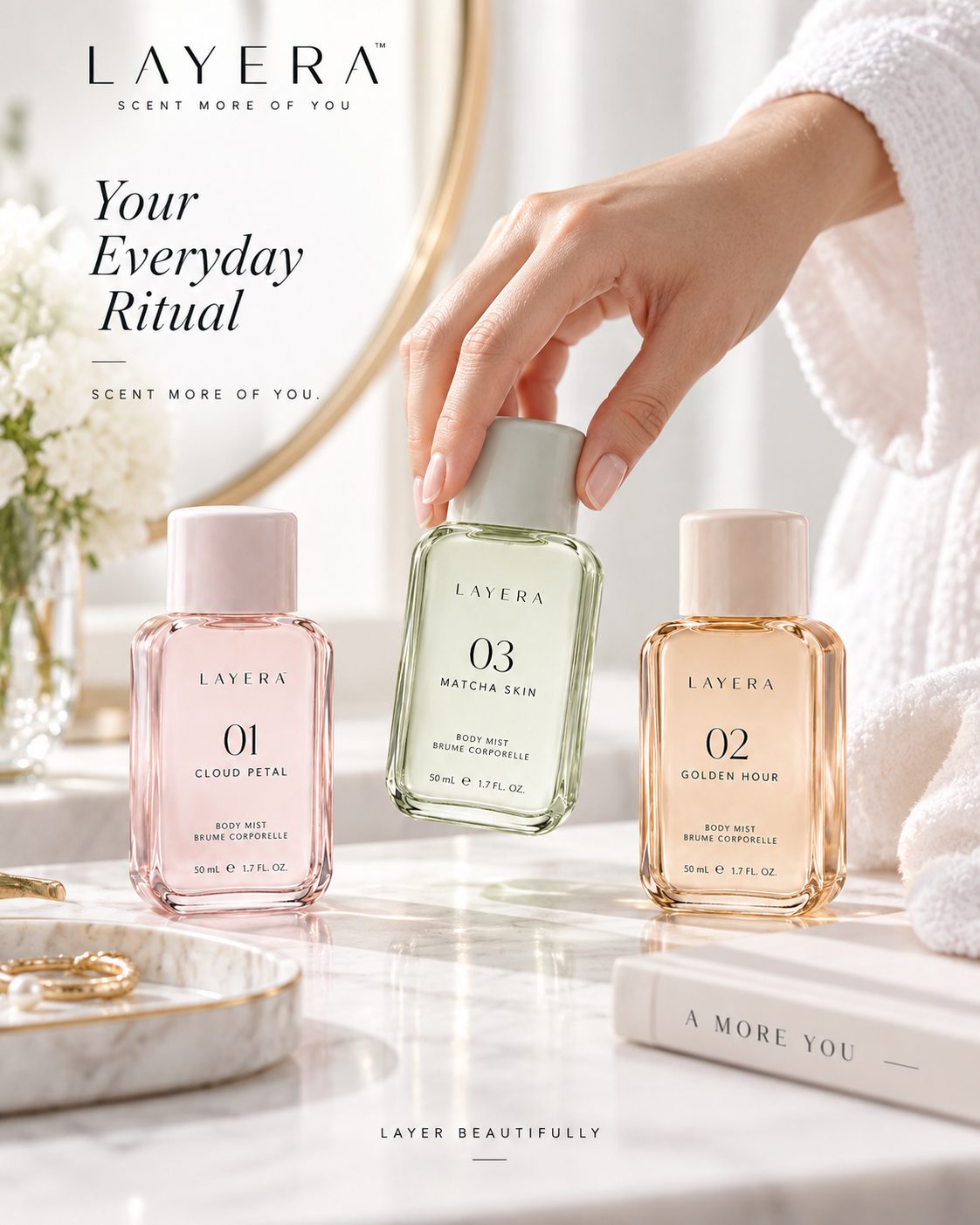 Layera body mist bottles on a marble vanity