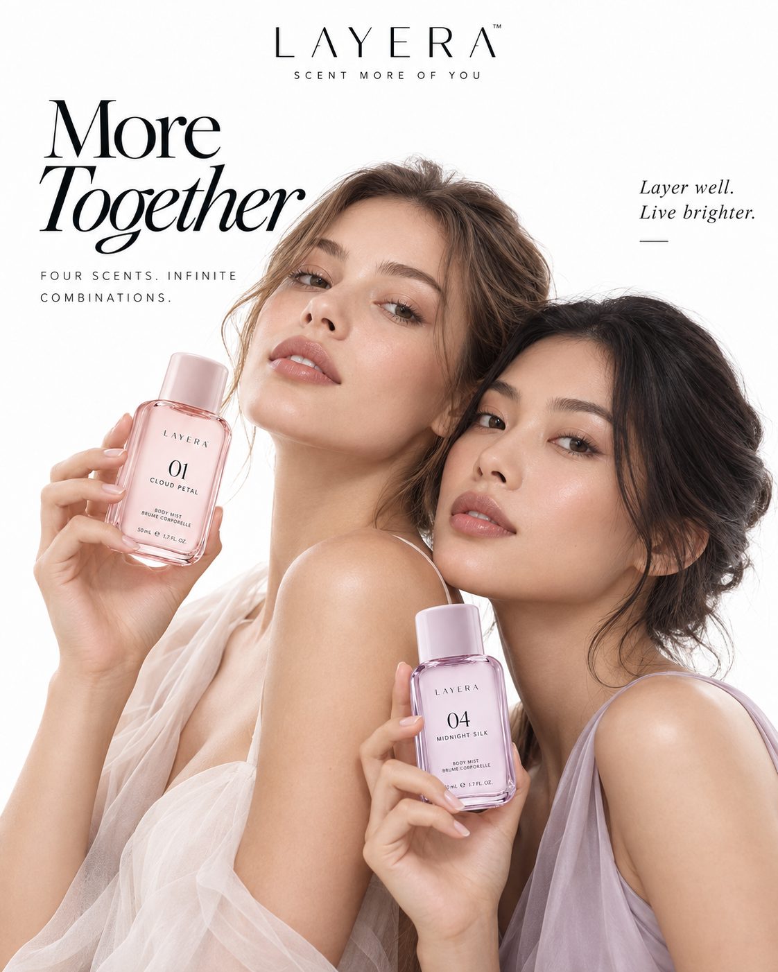 Layera body mist campaign with two models holding bottles