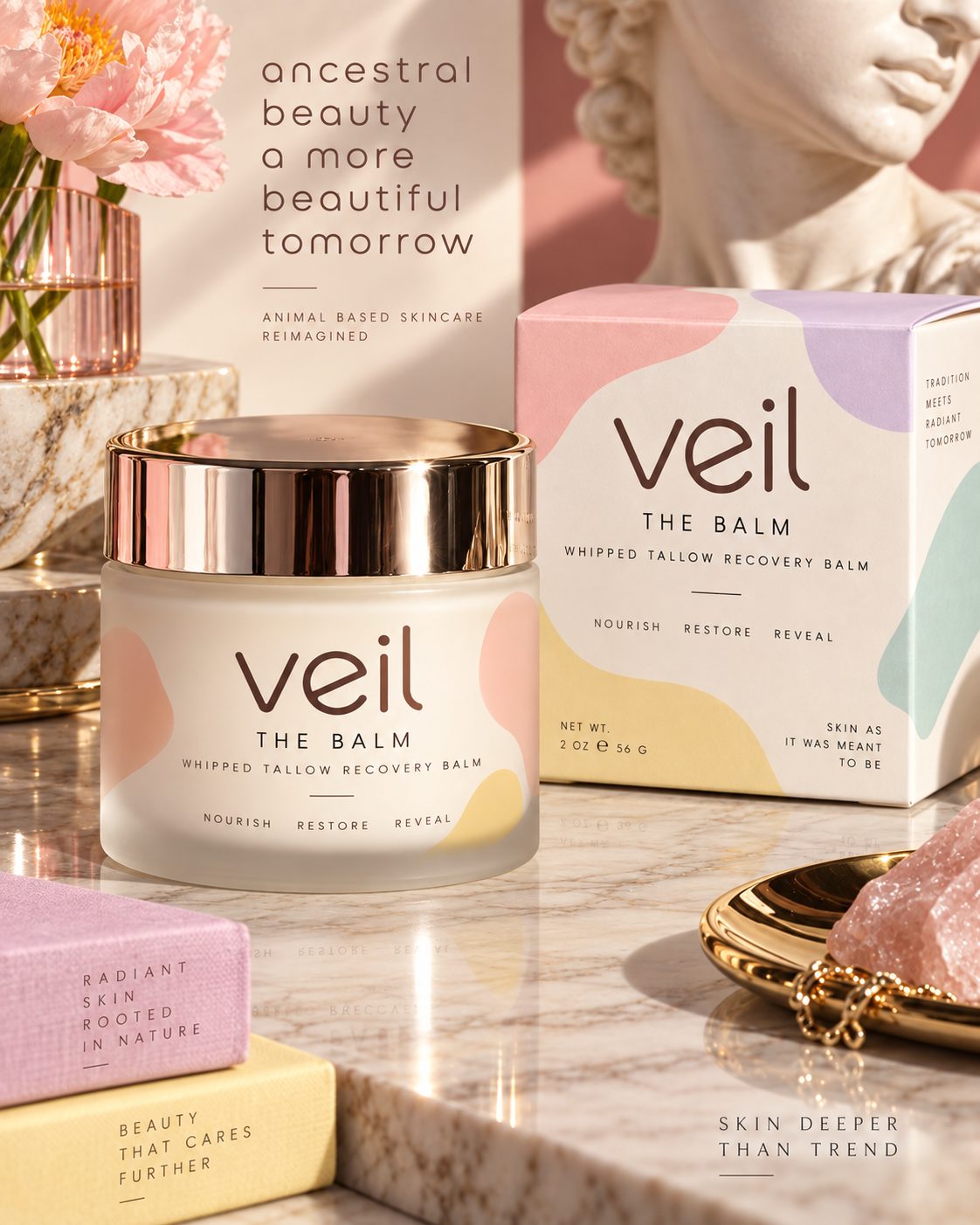 Veil tallow balm jar and box styled on marble